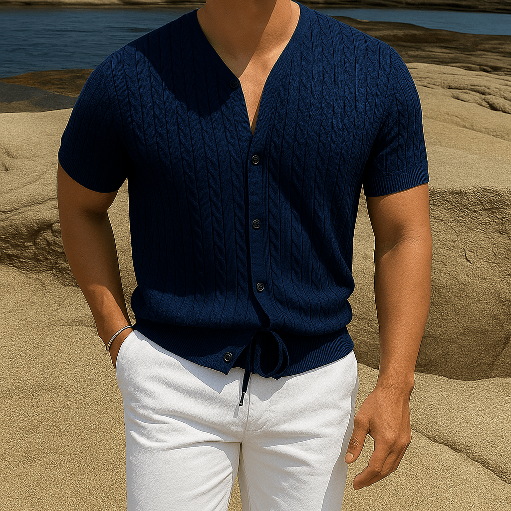 Men's V - Neck Button - Up Shirt - Casual Summer Streetwear - Full Storee