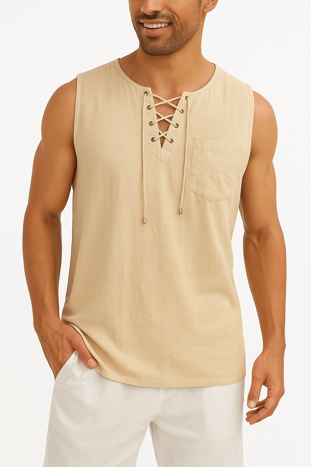 Men's Sleeveless Lace - Up Shirt - Casual, Summer Short Sleeve - Full Storee