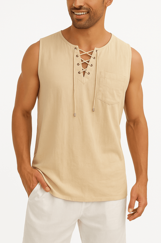 Men's Sleeveless Lace - Up Shirt - Casual, Summer Short Sleeve - Full Storee