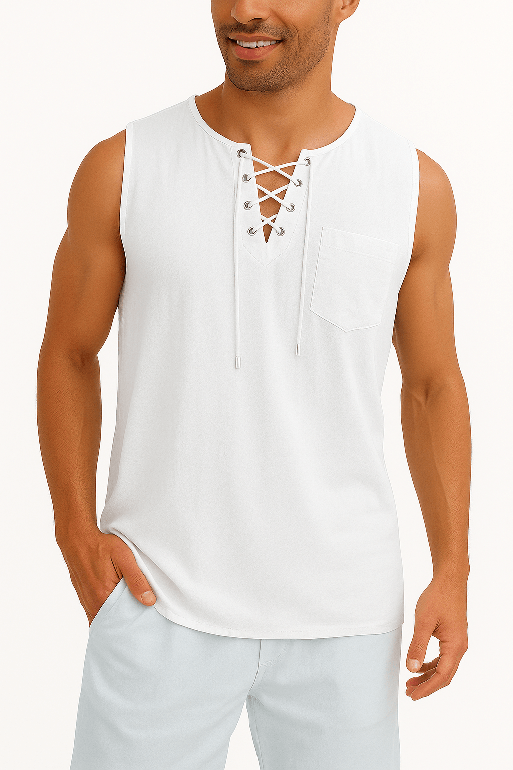 Men's Sleeveless Lace - Up Shirt - Casual, Summer Short Sleeve - Full Storee