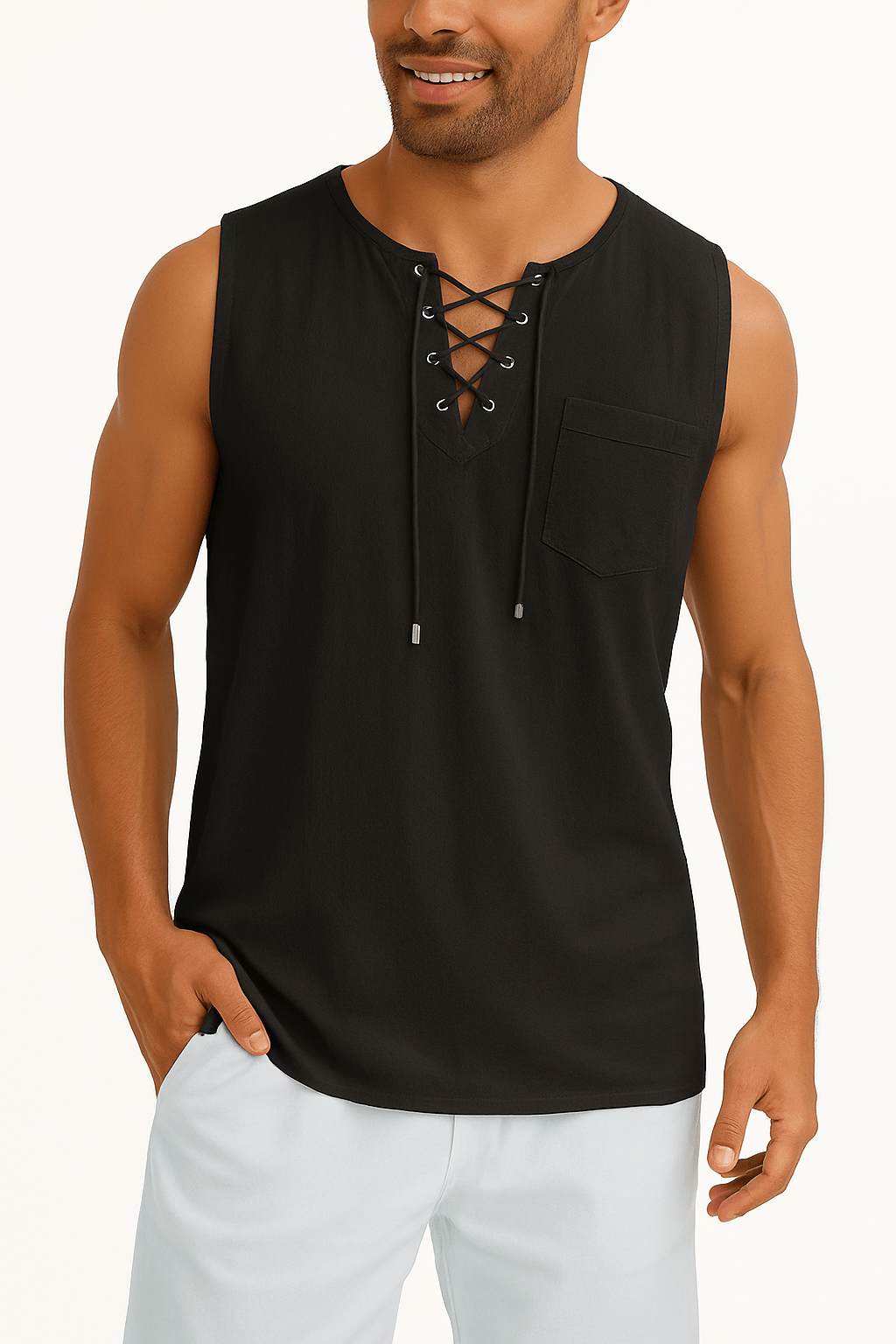 Men's Sleeveless Lace - Up Shirt - Casual, Summer Short Sleeve - Full Storee
