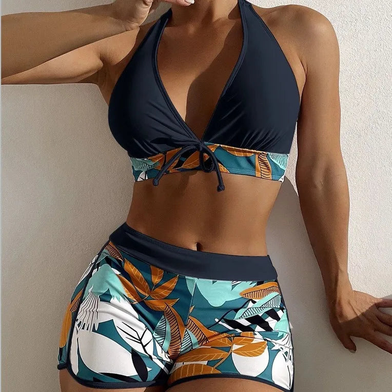 Fashion Printed Bikini Set: Sporty Lace-Up Swimwear