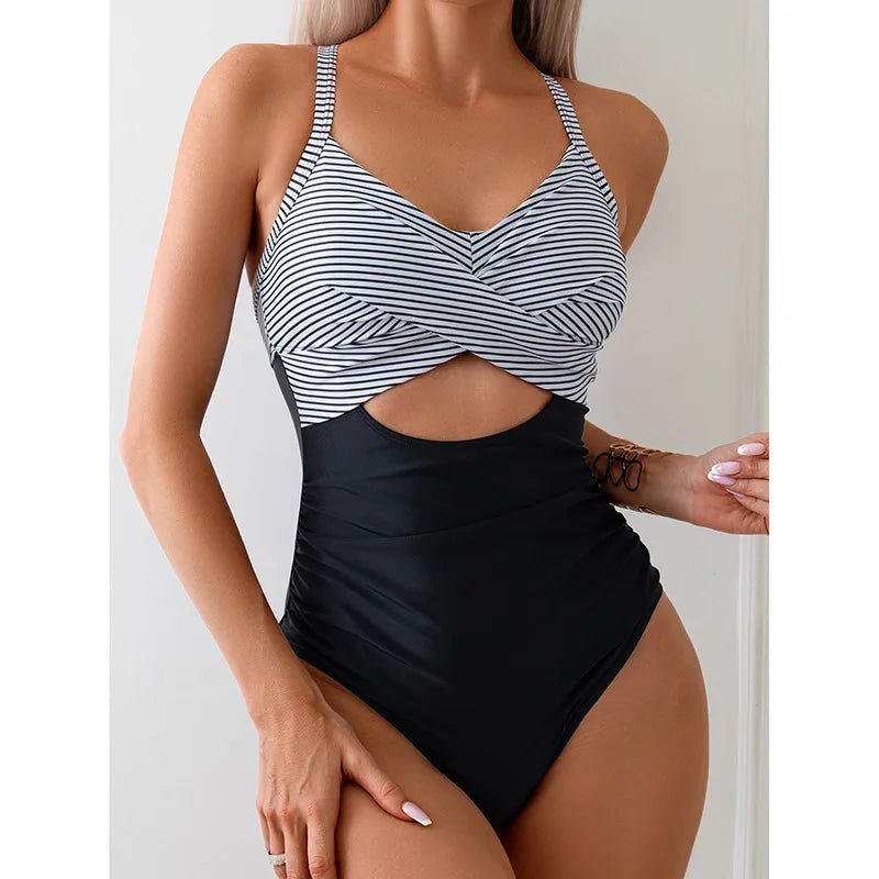 Elegant Striped Swimsuit - Women's Sexy, High Waist Bikini - Full Storee
