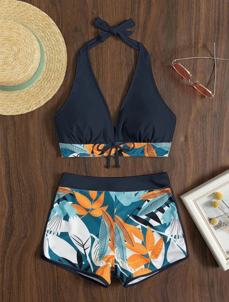 Fashion Printed Bikini Set: Sporty Lace-Up Swimwear